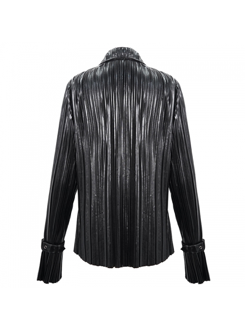 Punk Style Shiny Pleated Fabric Cuffs With Adjustable Leather Loops Black Loose Lapel Long Sleeve Blouse