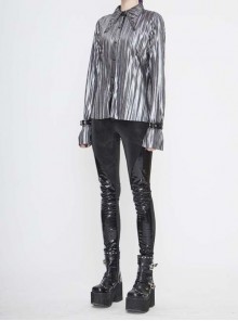 Punk Style Shiny Pleated Fabric Cuffs With Adjustable Leather Loops Silver Loose Lapel Long Sleeve Blouse