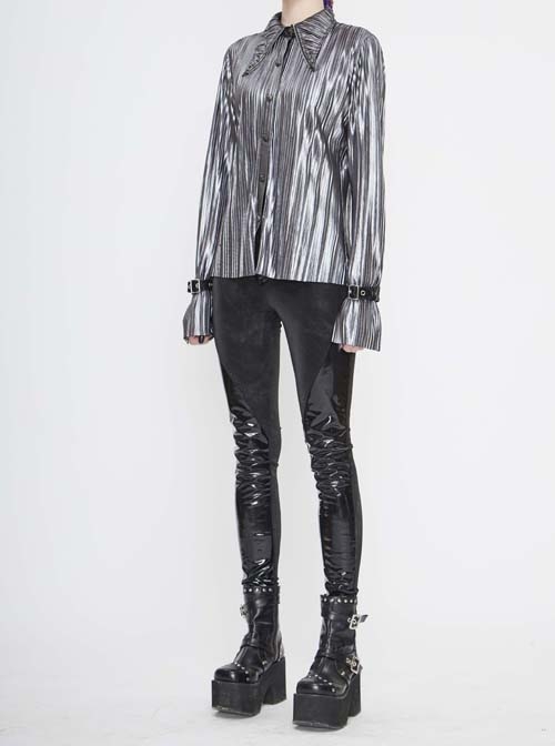 Punk Style Shiny Pleated Fabric Cuffs With Adjustable Leather Loops Silver Loose Lapel Long Sleeve Blouse