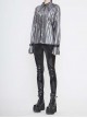 Punk Style Shiny Pleated Fabric Cuffs With Adjustable Leather Loops Silver Loose Lapel Long Sleeve Blouse