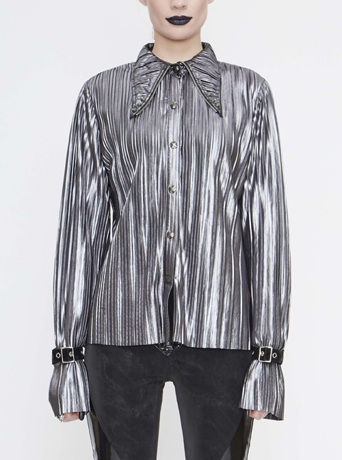 Punk Style Shiny Pleated Fabric Cuffs With Adjustable Leather Loops Silver Loose Lapel Long Sleeve Blouse