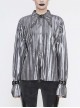 Punk Style Shiny Pleated Fabric Cuffs With Adjustable Leather Loops Silver Loose Lapel Long Sleeve Blouse