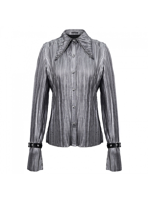 Punk Style Shiny Pleated Fabric Cuffs With Adjustable Leather Loops Silver Loose Lapel Long Sleeve Blouse