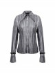 Punk Style Shiny Pleated Fabric Cuffs With Adjustable Leather Loops Silver Loose Lapel Long Sleeve Blouse