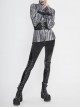 Punk Style Shiny Pleated Fabric Cuffs With Adjustable Leather Loops Silver Loose Lapel Long Sleeve Blouse