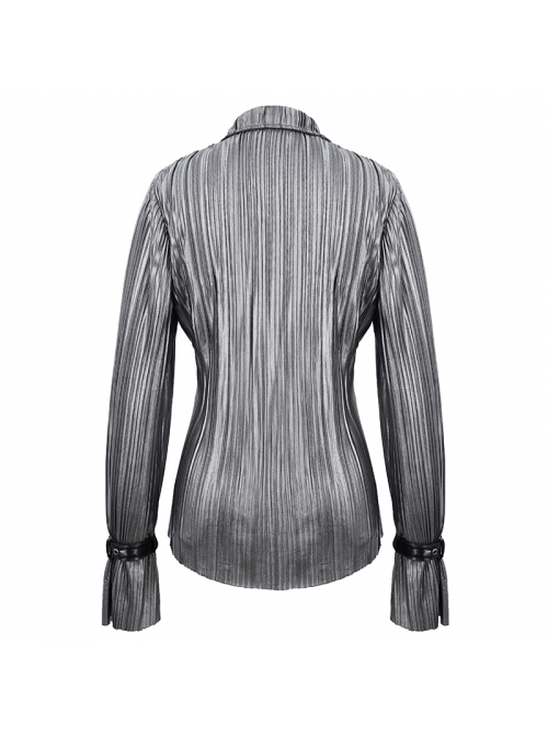 Punk Style Shiny Pleated Fabric Cuffs With Adjustable Leather Loops Silver Loose Lapel Long Sleeve Blouse