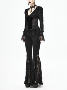 Gothic Style Sexy Micro Transparent Flocking Mesh Splicing Velvet Fabric Front Chest V Neck Design With Lace Hem Black Long Sleeved Blouse