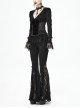 Gothic Style Sexy Micro Transparent Flocking Mesh Splicing Velvet Fabric Front Chest V Neck Design With Lace Hem Black Long Sleeved Blouse