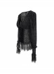 Gothic Style Sexy Micro Transparent Flocking Mesh Splicing Velvet Fabric Front Chest V Neck Design With Lace Hem Black Long Sleeved Blouse