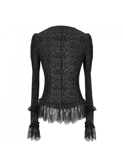 Gothic Style Sexy Micro Transparent Flocking Mesh Splicing Velvet Fabric Front Chest V Neck Design With Lace Hem Black Long Sleeved Blouse