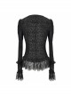 Gothic Style Sexy Micro Transparent Flocking Mesh Splicing Velvet Fabric Front Chest V Neck Design With Lace Hem Black Long Sleeved Blouse