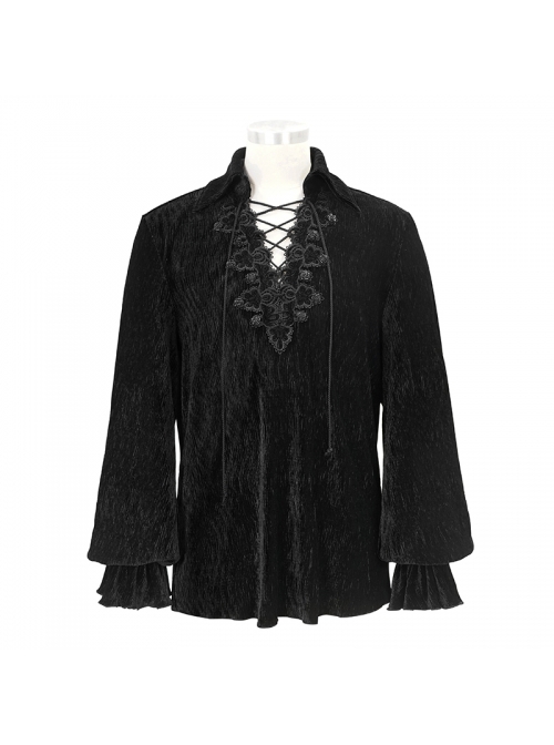 Gothic Style Elastic Pleated Velvet Front With Lace V Neck Tie Design Black Loose Lantern Sleeve Shirt