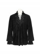 Gothic Style Elastic Pleated Velvet Front With Lace V Neck Tie Design Black Loose Lantern Sleeve Shirt