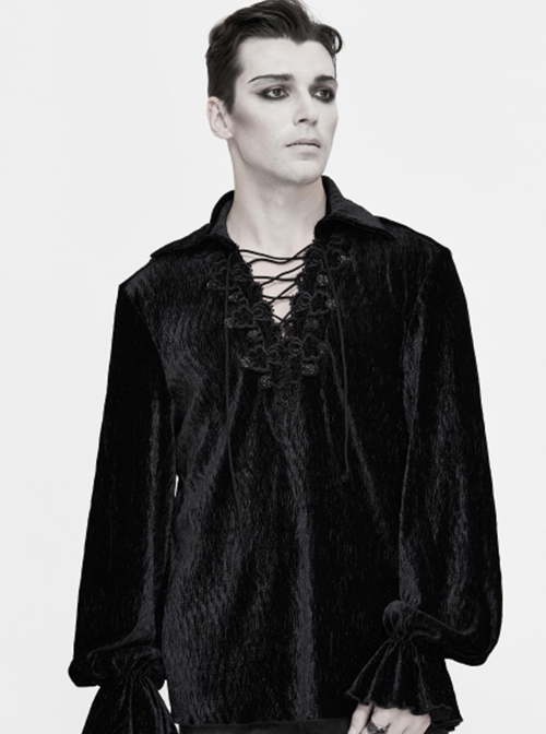 Gothic Style Elastic Pleated Velvet Front With Lace V Neck Tie Design Black Loose Lantern Sleeve Shirt