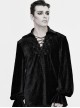 Gothic Style Elastic Pleated Velvet Front With Lace V Neck Tie Design Black Loose Lantern Sleeve Shirt