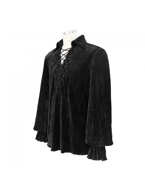 Gothic Style Elastic Pleated Velvet Front With Lace V Neck Tie Design Black Loose Lantern Sleeve Shirt