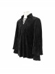 Gothic Style Elastic Pleated Velvet Front With Lace V Neck Tie Design Black Loose Lantern Sleeve Shirt