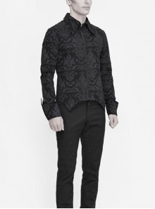 Gothic Style Gorgeous Lapel Print Stretch Fabric Front Center Plastic Zipper With Pointed Hem Black Long Sleeve Shirt