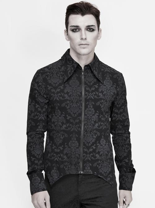 Gothic Style Gorgeous Lapel Print Stretch Fabric Front Center Plastic Zipper With Pointed Hem Black Long Sleeve Shirt