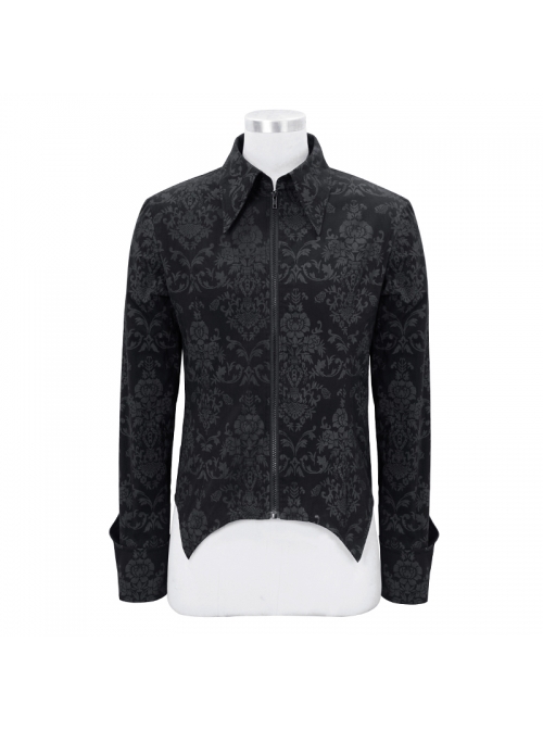 Gothic Style Gorgeous Lapel Print Stretch Fabric Front Center Plastic Zipper With Pointed Hem Black Long Sleeve Shirt