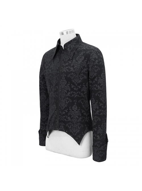 Gothic Style Gorgeous Lapel Print Stretch Fabric Front Center Plastic Zipper With Pointed Hem Black Long Sleeve Shirt