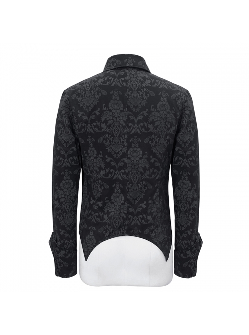 Gothic Style Gorgeous Lapel Print Stretch Fabric Front Center Plastic Zipper With Pointed Hem Black Long Sleeve Shirt