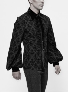 Gothic Style Palace Print Flocking Fabric Chest Pleated Dense Velvet With Metal Mushroom Button Black Long Sleeved Shirt