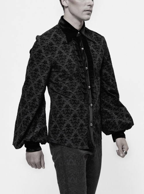 Gothic Style Palace Print Flocking Fabric Chest Pleated Dense Velvet With Metal Mushroom Button Black Long Sleeved Shirt