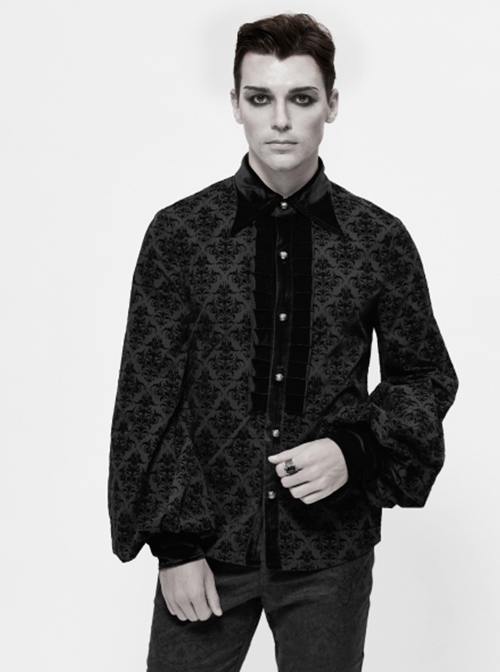 Gothic Style Palace Print Flocking Fabric Chest Pleated Dense Velvet With Metal Mushroom Button Black Long Sleeved Shirt