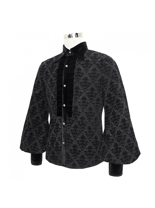 Gothic Style Palace Print Flocking Fabric Chest Pleated Dense Velvet With Metal Mushroom Button Black Long Sleeved Shirt