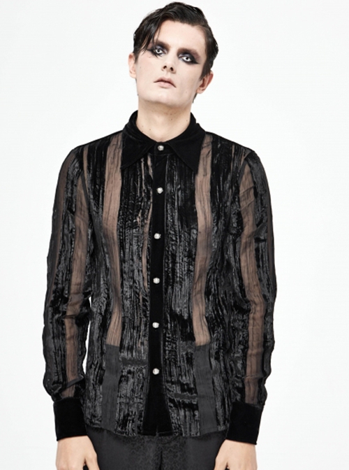 Gothic Style Irregular Stripes Burnt Velvet Fabric Front Center Metal Mushroom Button Black Long Sleeve Shirt