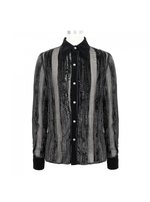 Gothic Style Irregular Stripes Burnt Velvet Fabric Front Center Metal Mushroom Button Black Long Sleeve Shirt