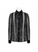 Gothic Style Irregular Stripes Burnt Velvet Fabric Front Center Metal Mushroom Button Black Long Sleeve Shirt