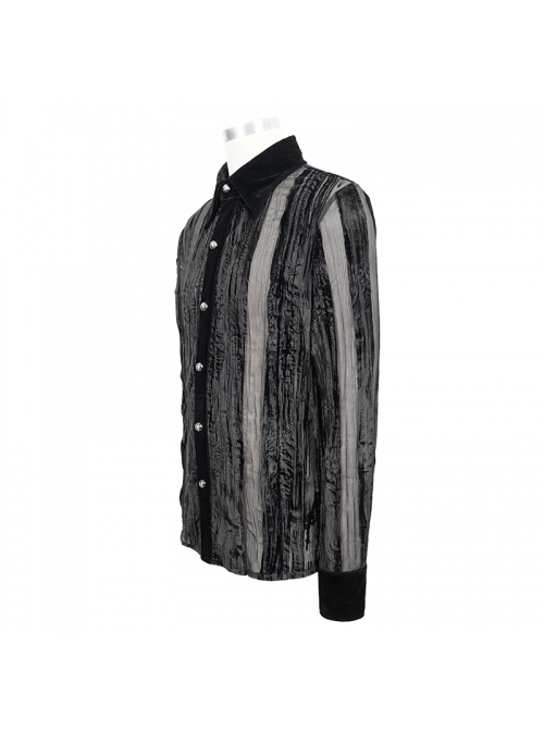 Gothic Style Irregular Stripes Burnt Velvet Fabric Front Center Metal Mushroom Button Black Long Sleeve Shirt