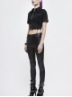 Punk Style Rough Cloth Vertical Stripes Waist Stitching Shiny Rubber Material Black Adjustable Short Blouse