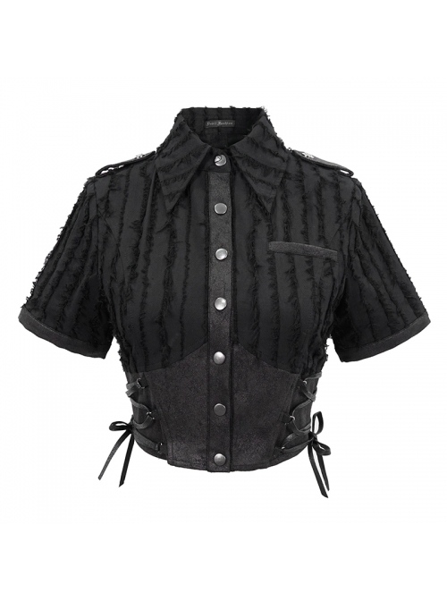 Punk Style Rough Cloth Vertical Stripes Waist Stitching Shiny Rubber Material Black Adjustable Short Blouse