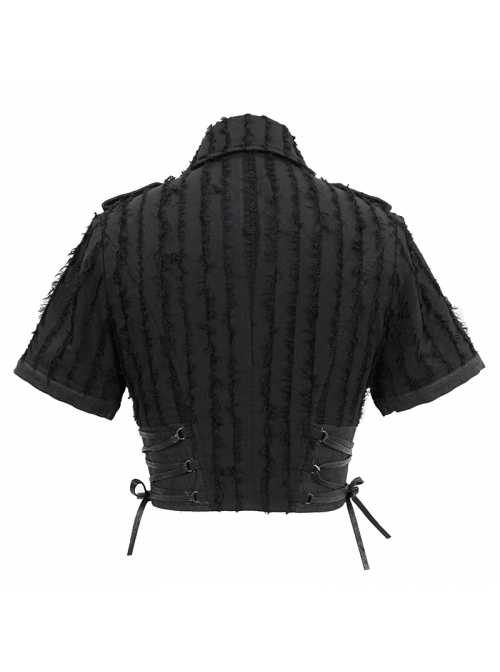 Punk Style Rough Cloth Vertical Stripes Waist Stitching Shiny Rubber Material Black Adjustable Short Blouse