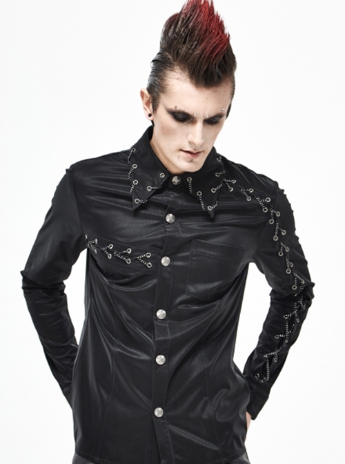 Punk Style Asymmetric Chain Wrapped Black Smooth Long Sleeve Shirt