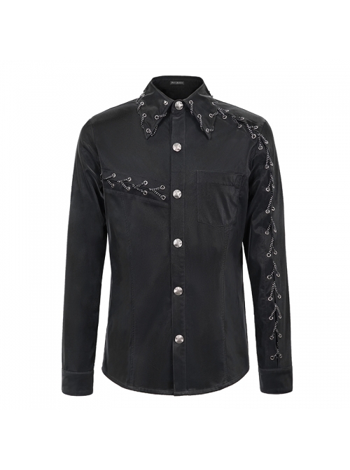 Punk Style Asymmetric Chain Wrapped Black Smooth Long Sleeve Shirt