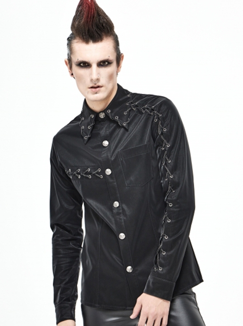 Punk Style Asymmetric Chain Wrapped Black Smooth Long Sleeve Shirt