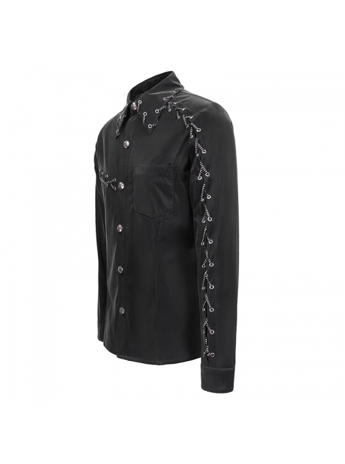 Punk Style Asymmetric Chain Wrapped Black Smooth Long Sleeve Shirt