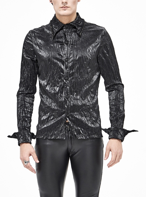 Punk Style Non Stretch Twill Pleated Collar Metal Ring Webbing Decorative Black Long Sleeved Shirt