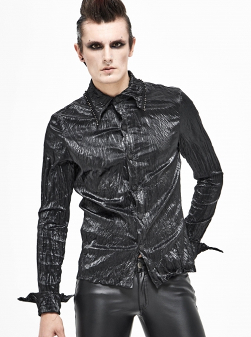 Punk Style Non Stretch Twill Pleated Collar Metal Ring Webbing Decorative Black Long Sleeved Shirt