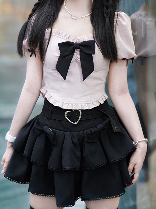 Dark Chocolate Strawberry Series Sweet Lolita High Waist Heart Shape Button Bowknot Hottie Skirt