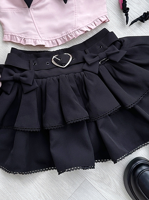 Dark Chocolate Strawberry Series Sweet Lolita High Waist Heart Shape Button Bowknot Hottie Skirt