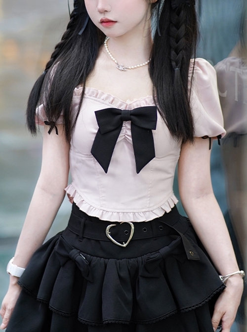 Dark Chocolate Strawberry Series Black Pink Sweet Lolita Bowknot Hottie Puff Sleeves Square Collar Short Shirt