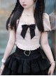 Dark Chocolate Strawberry Series Black Pink Sweet Lolita Bowknot Hottie Puff Sleeves Square Collar Short Shirt