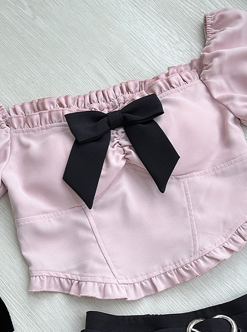 Dark Chocolate Strawberry Series Black Pink Sweet Lolita Bowknot Hottie Puff Sleeves Square Collar Short Shirt