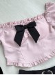 Dark Chocolate Strawberry Series Black Pink Sweet Lolita Bowknot Hottie Puff Sleeves Square Collar Short Shirt