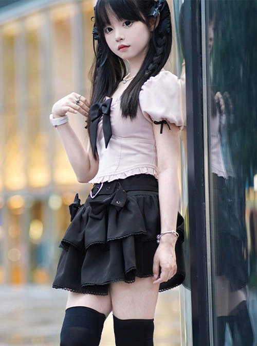 Dark Chocolate Strawberry Series Black Pink Sweet Lolita Bowknot Hottie Puff Sleeves Square Collar Short Shirt